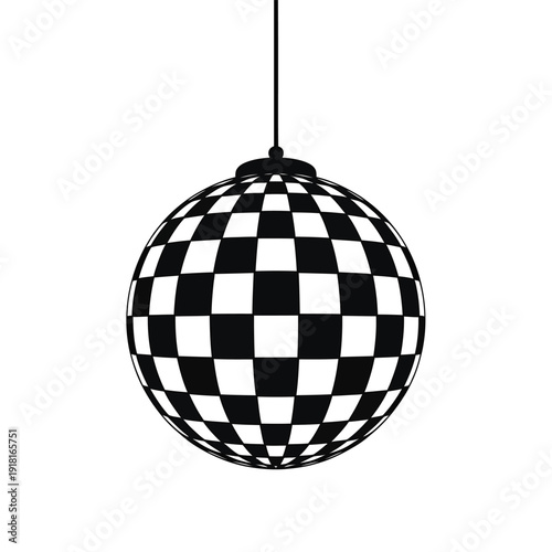 A checkered disco ball hangs from a thin black suspension cord