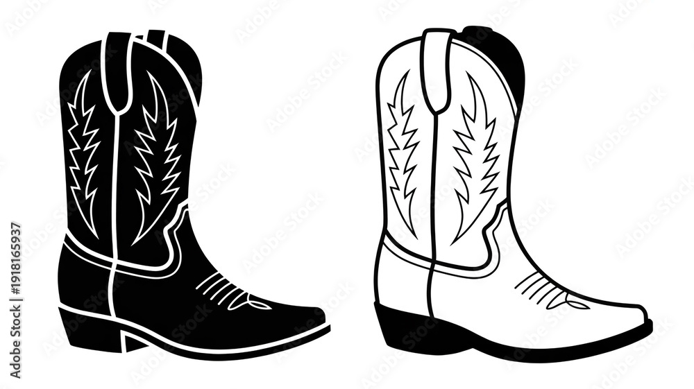 Obraz premium Black Silhouette and White Outline of a Cowboy Boot on White Background western boot footwear
