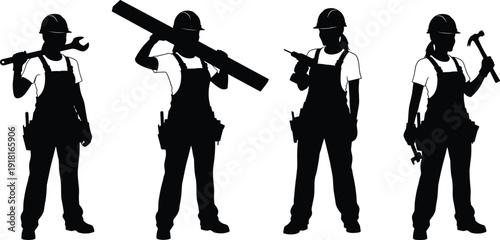 Set of female construction worker silhouettes holding tools, professional women builders illustration representing industry, engineering, labor, empowerment, , skilled , and 