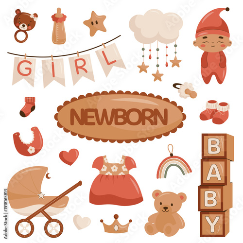 Baby girl newborn elements collection