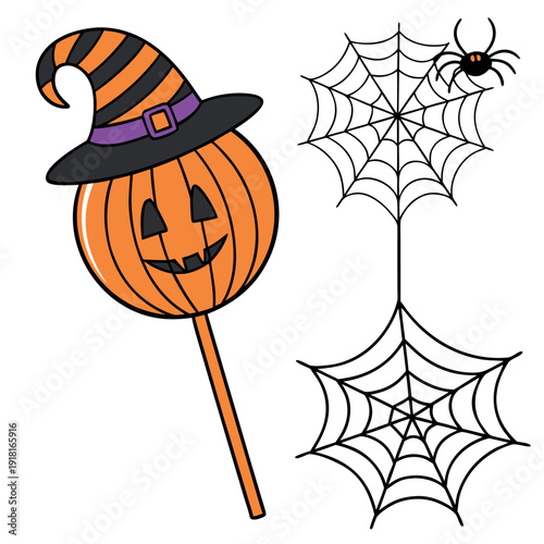 A jackolantern lollipop wearing a witch hat sits beside two spiderwebs on white
