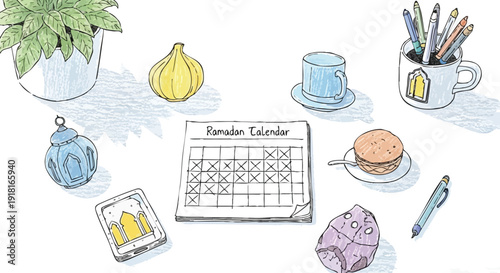 Hand drawn ramadan calendar with marked days surrounded by plant cup with pencils date fruit lantern cookie and pen in pastel colors flat vector art illustration on white background