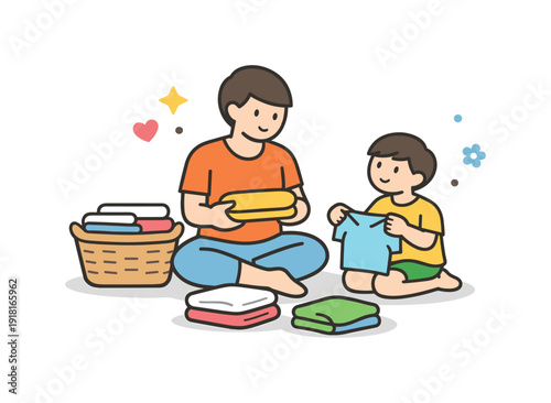 Quiet family afternoon at home centered on shared presence and simple everyday closeness, a parent and child sitting on the floor folding clean