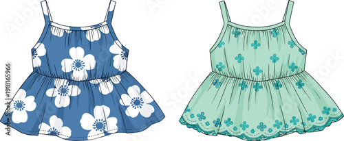 Fashionable baby girl sleeveless floral top technical sketches featuring blue flower pattern and mint green peplum design with scalloped hem embroidery details.