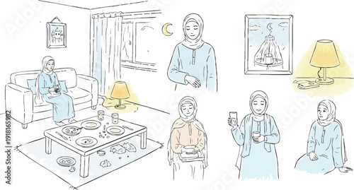 Minimalist vector art set showing muslim woman with hijab preparing to break fast drinking water sitting on couch and standing in cozy home interior with night moon and warm lamp light