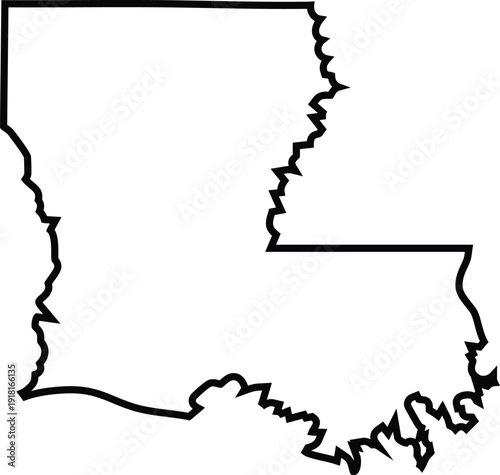 Black outline of the state of Louisiana on a white background representing geographic boundaries