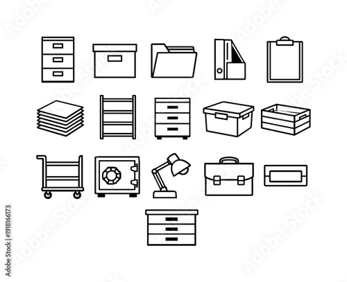 Corporate filing equipment in linear style: filing cabinet, archive box, document folder, binder, clipboard, paper stack, shelf unit, drawer unit