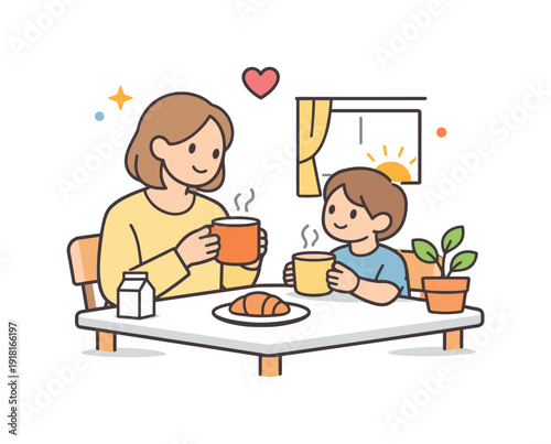 Peaceful family morning at home focused on gentle togetherness and an unhurried start to the day, an adult and child sitting together at a small