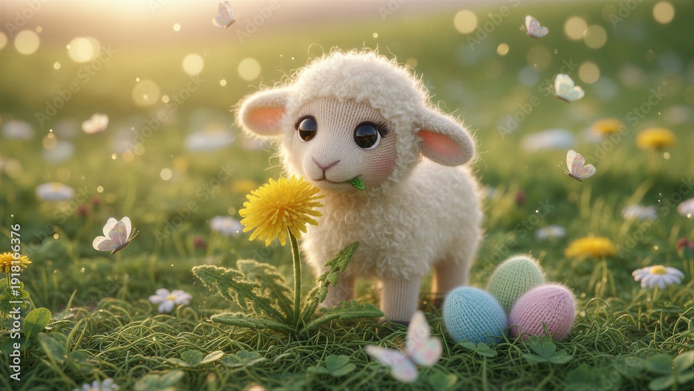 Fototapeta premium Knitted lamb with Easter eggs and a dandelion in a sunny meadow. Spring holiday and Christian religion concept for greeting card.