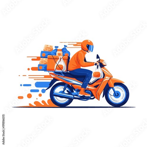Delivery man on motorcycle rushing with packages in motion blur effect