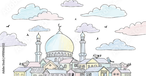 Pastel colored mosque with dome and minarets over small town houses with birds flying in sky and clouds background peaceful cityscape vector art