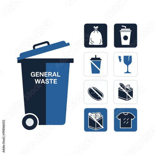 General waste bin with trash icons for disposal and recycling concept.