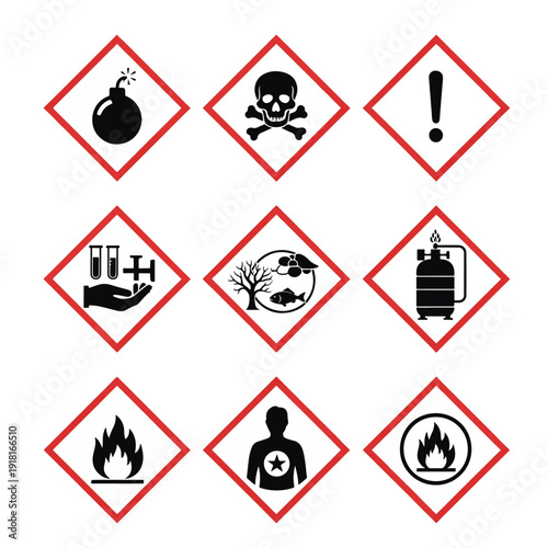 Hazard symbols warning of dangerous substances and potential risks to health and environment.