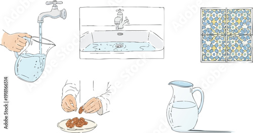 Minimalist vector art showing hands pouring water from faucet into glass jug hands shelling nuts blue tiled pattern and filled water jug with shadow isolated on white background