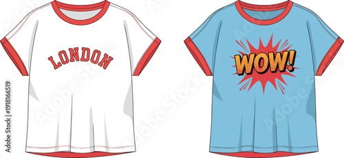 Set of two kids graphic t-shirts featuring a white London varsity style shirt and a blue wow pop art comic style shirt.