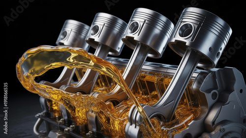 Close-up of Internal Combustion Engine Pistons with Flowing Lubricating Oil motor