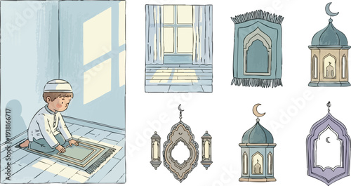 Hand drawn vector art of young boy praying on prayer rug in sunlit room with mosque lanterns and islamic window decorations in soft pastel colors peaceful spiritual mood
