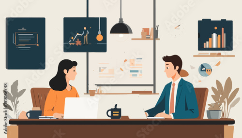 Cartoon vector illustration of a young couple sitting together at a cafe table and talking in a work meeting style setting