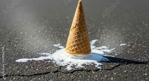 'An upside-down waffle cone with melted vanilla ice cream spreading on asphalt, creating a stark contrast between sweetness and...