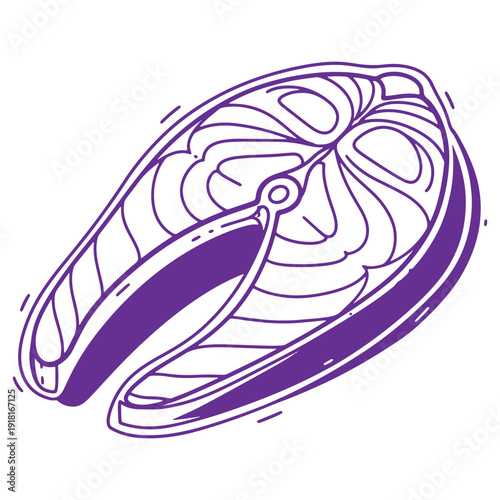 Stylized purple outline illustration of a raw salmon steak cut showing internal bone structure and flesh texture isolated on a white background suitable for food related designs