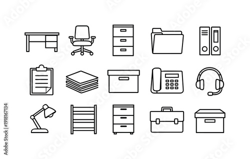 Consumer assistance equipment in linear style: office desk, office chair, filing cabinet, document folder, binder, clipboard, paper stack, archive box