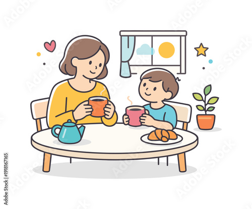 Peaceful family morning at home focused on gentle togetherness and a slow daily start, an adult and child sitting together at a small kitchen table