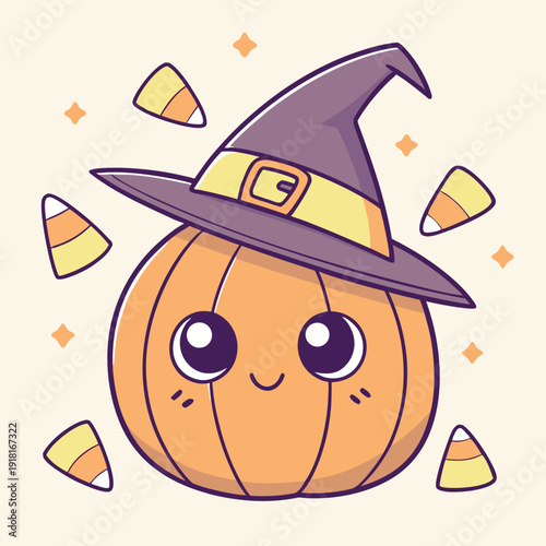 Cartoon pumpkin with witch hat and candy corn floats on a transparent background