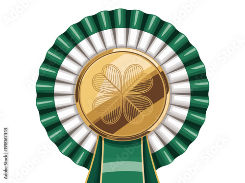 Green and white rosette ribbon badge features an engraved golden medal center.