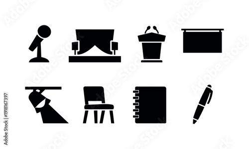 Industry Events in silhouette style: microphone, stage, podium, banner, spotlight, chair, notebook, pen