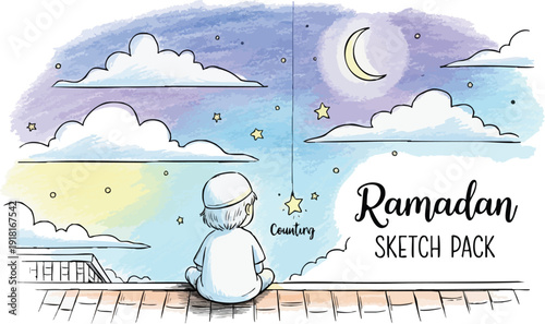 Hand drawn sketch of child sitting on rooftop counting stars and moon during ramadan night sky with colorful clouds peaceful illustration