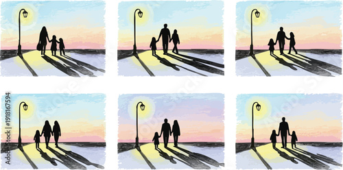 Silhouettes of family members holding hands walking along waterside promenade under vintage streetlamp at sunset with long shadows in scenic peaceful evening setting vector art