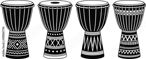 African djembe drum silhouette set with traditional tribal percussion instruments isolated on white background cultural vector illustration