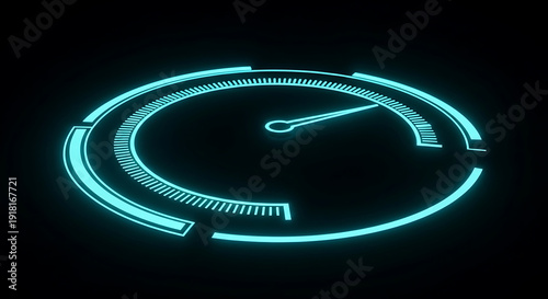 Futuristic blue digital speedometer gauge on black background