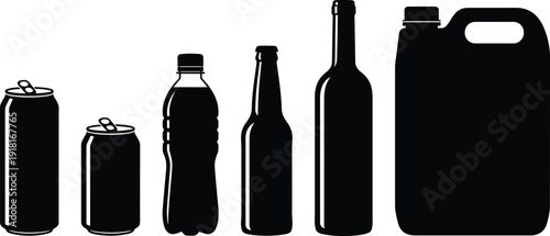 Beverage bottle and can silhouette set with plastic glass and metal containers isolated on white background vector illustration