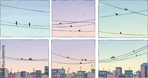 Minimalist digital vector art showing multiple birds perched on electrical wires with small urban buildings below at dawn with soft pastel sky and quiet early morning atmosphere