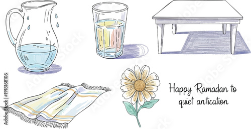 Hand drawn vector art of transparent water pitcher glass with drinking water floral decoration fabric cloth and wooden table with happy ramadan message on white background