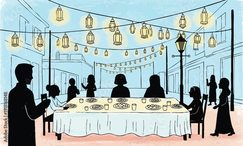 Vector art festive outdoor dinner scene with people sitting around long table under hanging glowing lanterns in evening urban street setting peaceful celebration mood