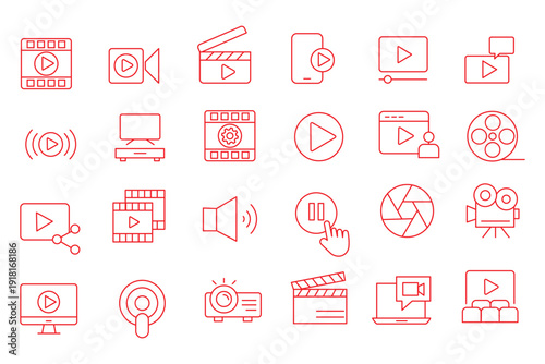 Audio and Video web icons in line style. Cinema, speaker, online, picture, play button, music, collection. Editable stroke. Vector illustration.