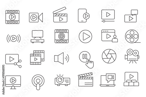 Audio and Video web icons in line style. Cinema, speaker, online, picture, play button, music, collection. Editable stroke. Vector illustration.