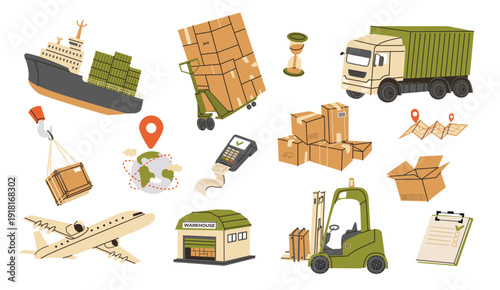 Delivery and logistics set in minimalistic flat style. Set of transportation, shipping, and warehouse symbols including trucks, cargo, drones, forklifts, and storage buildings. For banner, poster, ads