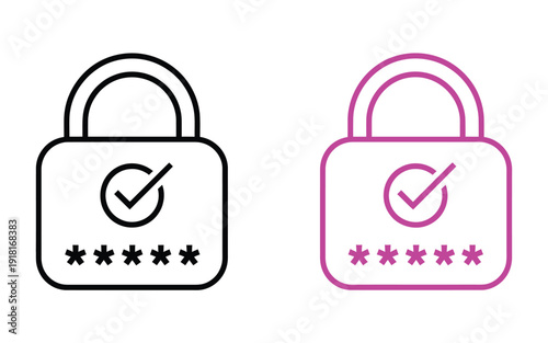 Digital security padlock icon with verified password input and safe access confirmation, vector illustration representing cybersecurity, data protection, user authentication, secure login, online 