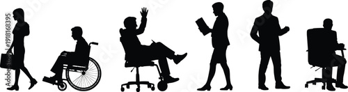 Business people silhouettes collection, office workers, wheelchair user, corporate professionals, isolated black figures, teamwork concept, diversity inclusion
