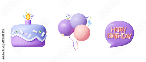 Birthday party icon set with cake, balloons and happy birthday speech bubble. 3D festive vector collection for celebration design, greeting cards and event decoration