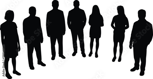 Business team silhouettes collection, corporate men and women, standing professionals, isolated black figures, company staff group, leadership concept