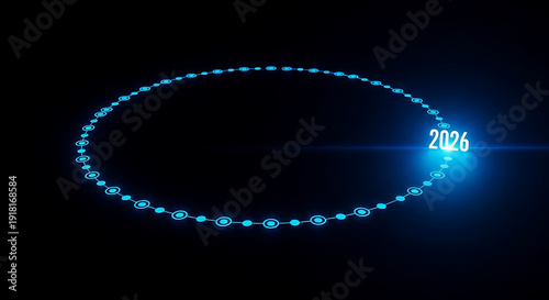 Futuristic glowing 2026 in a circle of light on dark background.