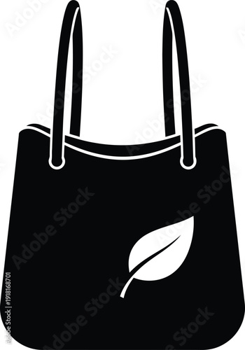 Black tote bag with white leaf symbol on white background shopping bag reusable bag