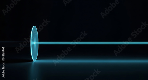 A glowing blue light beam emanates from a circular source in a dark void.