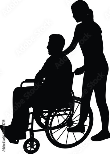 Caregiver pushing wheelchair silhouette, disabled elderly man, healthcare assistance concept, support service, black isolated figures, medical caregiving illustration