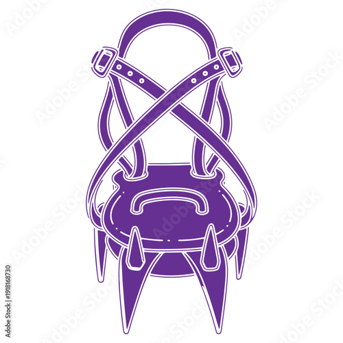 Stylized vector illustration of a purple handbag with ornate straps and buckles presented from a frontfacing perspective with a clean outline on a plain background