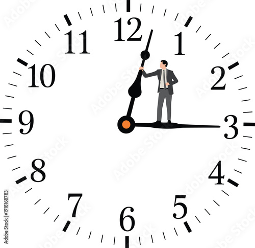 Businessman standing on clock hands, time management deadline concept, productivity planning strategy, corporate schedule illustration